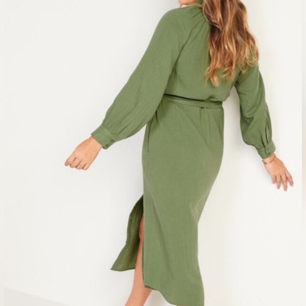 New Old Navy Sage Green Belted Midi Shirt Dress Size XXL Long Sleeve Cotton - Picture 3 of 16